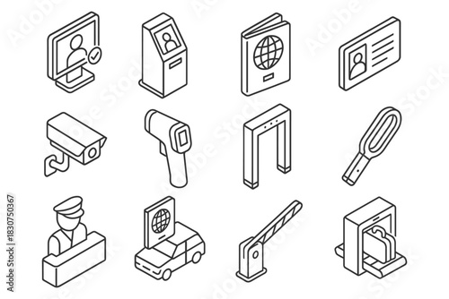 Security devices and identification icons set: passport, camera, scanner, gate.