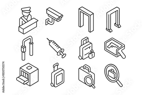 Security and surveillance isometric icons set featuring equipment and tools.