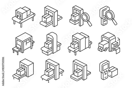 Isometric package scanning icons with conveyor belts and magnifiers.