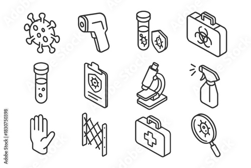 Vector icons of medical supplies and equipment for virus prevention and research.