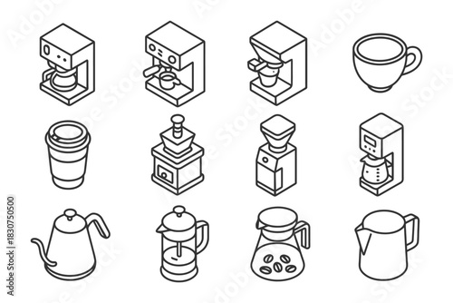 Vector line art of coffee makers and accessories in isometric style.