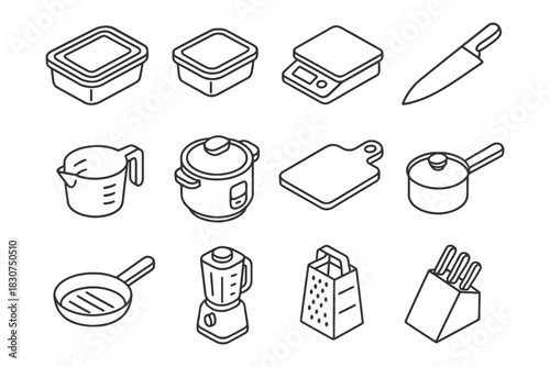 Essential kitchen tools line icons including knife, blender, and scale.