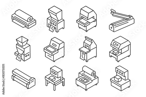 Isometric icons of industrial machines: comprehensive factory equipment set.