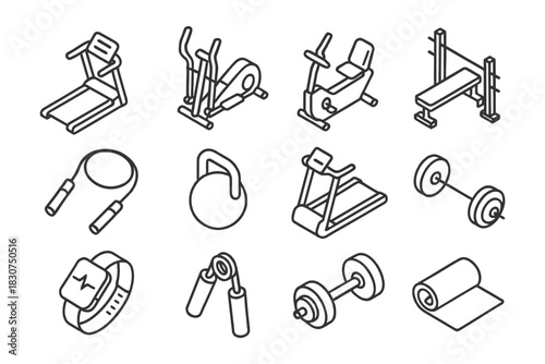 Collection of fitness equipment icons: treadmill, dumbbell, kettlebell, jump rope, bench press.