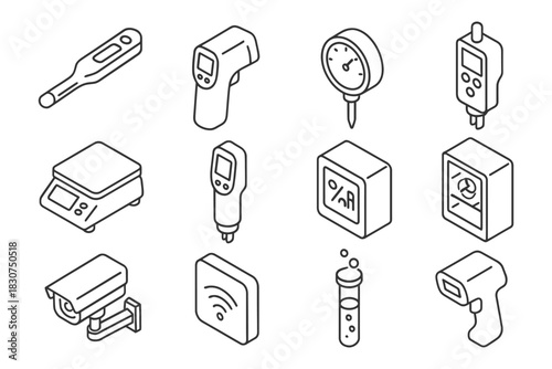 Isometric medical devices: thermometer, scale, glucometer, cctv, test tube icons.