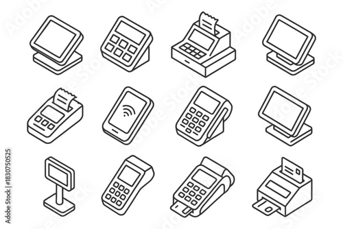 Isometric line art of pos systems and payment devices.