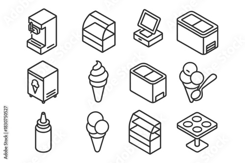 Line icons of ice cream machine, display case, and soft serve cones.