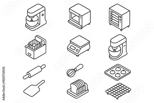 Kitchen appliance icons: mixer, oven, fryer, scale, baking tools set.