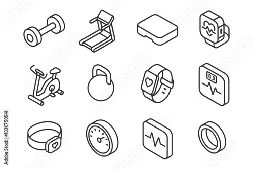 Fitness equipment icons: dumbbell, treadmill, activity tracker, exercise bike, heart rate monitor.