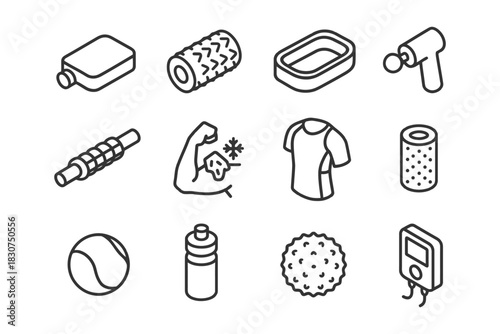 Fitness and recovery icons collection featuring equipment and clothing.