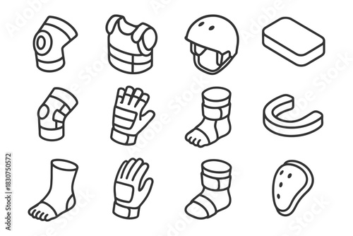 Outline icons of sports safety gear and protective equipment collection.
