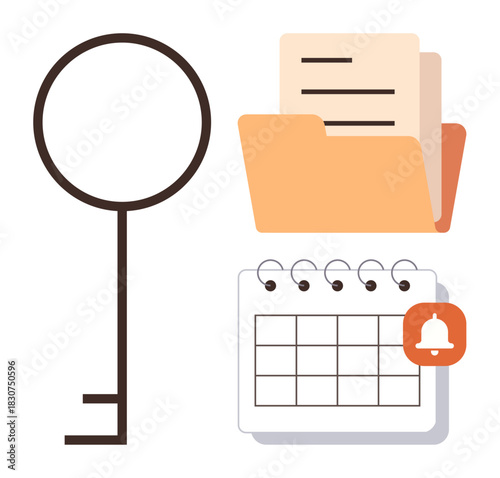 Large key, folder with documents, spiral calendar with alert icon signify access, information management, and reminders. Ideal for security, organization, scheduling, time management data planning
