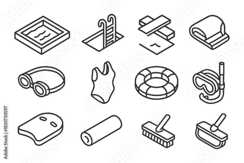 Set of black and white swimming pool equipment icons for water sports.