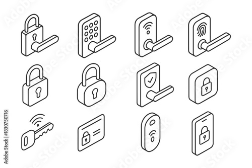 Isometric smart locks and security icons set in outline style.