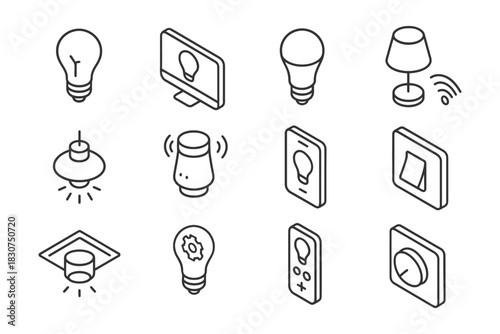 Smart home icon set: lighting, control, devices, automation, technology.