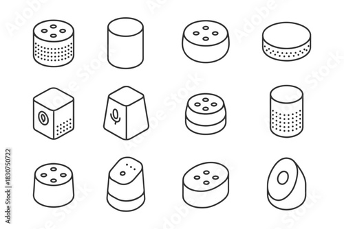 Outline icons of smart speakers and voice assistants in various styles.