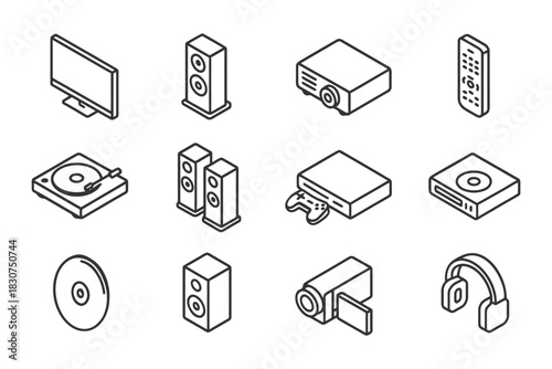 Isometric home electronics icons: tv, speakers, projector, remote, console, cd, camera, headphones.