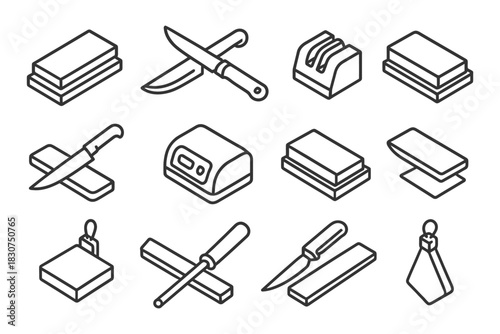 Line icons of knife sharpening tools and equipment for kitchen use.