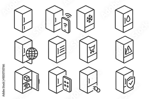 Smart refrigerator icons set with connectivity shopping cooling features.