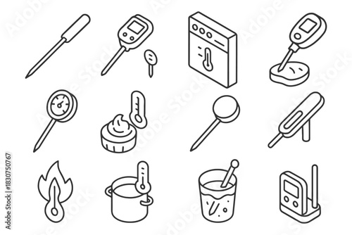 Thermometer icons collection: cooking, digital, analog, liquid, temperature measurement.