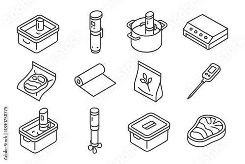 Sous vide cooking tools line icons set: immersion circulator, vacuum sealer, water bath.