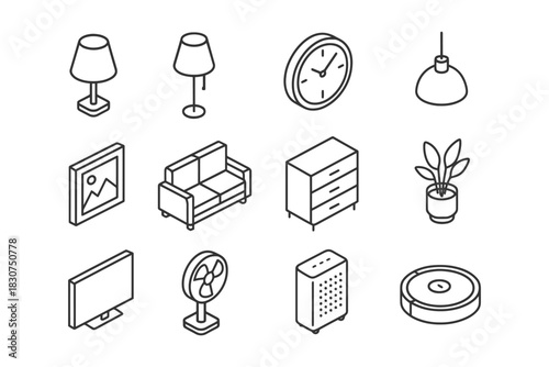 Isometric line icons: home furniture and appliances collection.