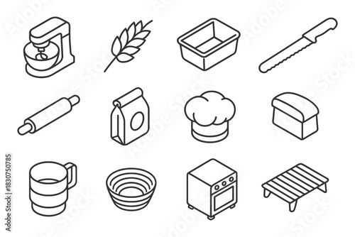 Isometric kitchen utensils and baking equipment icons set.