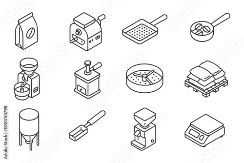 Isometric icons of coffee production equipment including roasters grinders and scales.