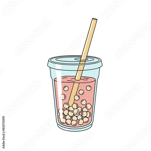 Bubble Tea Illustration Refreshing Drink with Tapioca Pearls and Straw in a Clear Cup