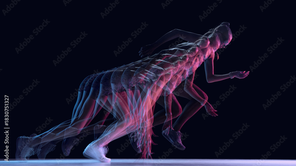 Fototapeta premium High-speed motion-trail of athlete pushing into sprint start in dark studio. Concept of starting mechanics, explosive-power training, movement analytics, and professional sports visuals.