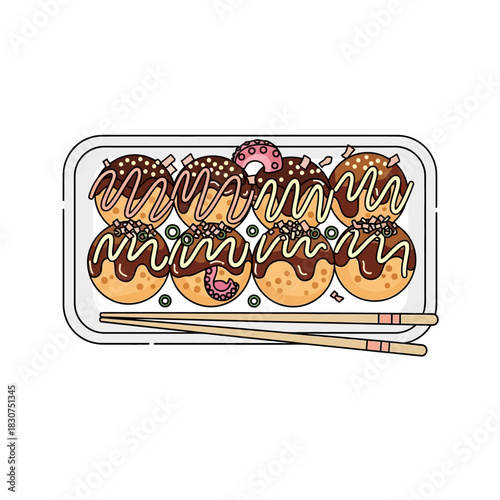 Delicious Takoyaki Illustration A Culinary Delight with Chopsticks and Tempting Toppings