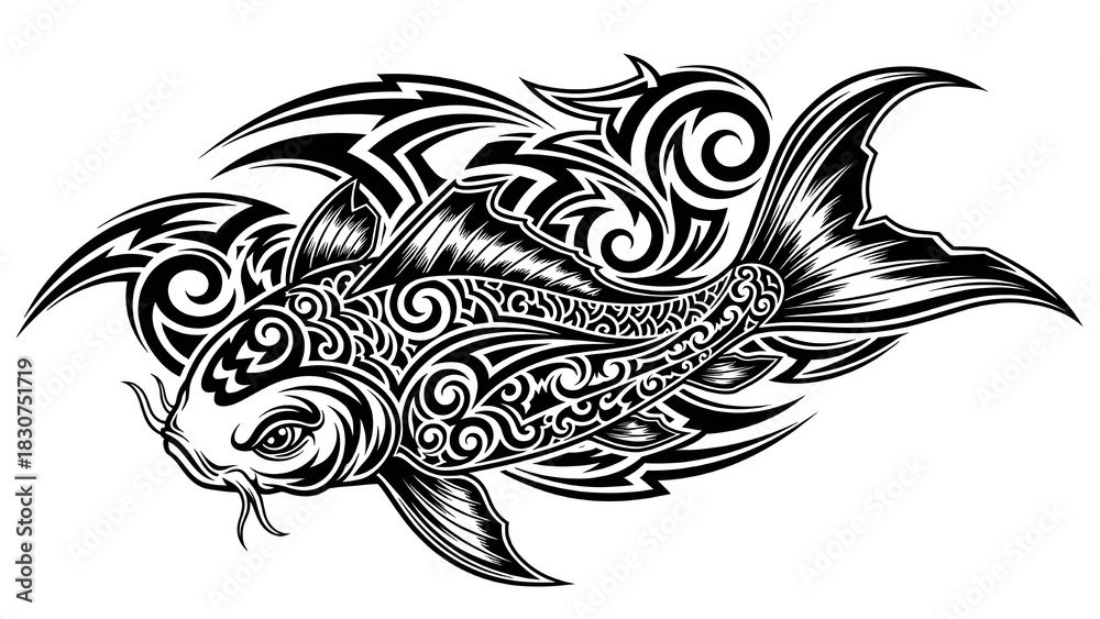 Obraz premium A bold monochrome tribal koi fish illustration with strong lines and dynamic ornamental patterns, expressing a powerful graphic style.