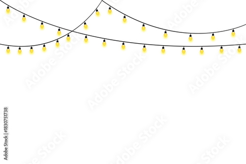 Warm, yellow-lit hanging bistro string lights garland with a glow effect. Perfect for wedding, cafe, and party headers. Available as EPS, JPG, and transparent PNG vector.