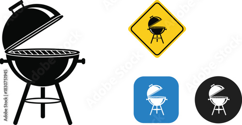 Black barbecue grill icon with open lid on white background and grill symbols cooking