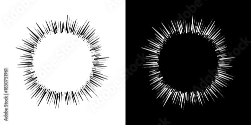 Dynamic abstract spiral sound wave rhythm lines. Circular spiral sound wave rhythm of lines. Circular futuristic abstract lines, black and white background.	
