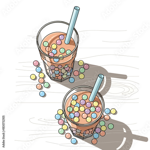 Two refreshing bubble tea drinks with colorful tapioca pearls scattered around on a light wooden surface, perfect for a summer beverage illustration