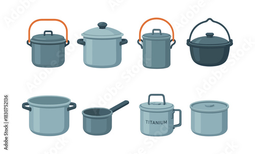 Cookware set collection, pots, pans, and kettles, flat vector illustration