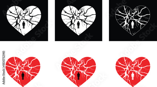 Broken Heart Symbol with Silhouette Figure Inside Against Black and White Backgrounds