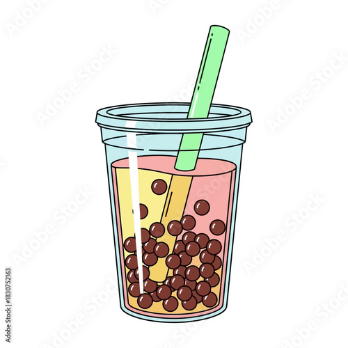 A vibrant and refreshing cup of bubble tea with chewy tapioca pearls, a popular sweet beverage shown in a cute cartoon illustration style