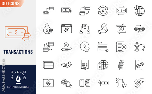 Transactions icon set. Editable stroke. Vector illustration