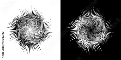 Dynamic abstract spiral sound wave rhythm lines. Circular spiral sound wave rhythm of lines. Circular futuristic abstract lines, black and white background.	
