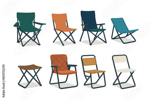 Camping chairs collection, folding seats, outdoor furniture, flat vector illustration