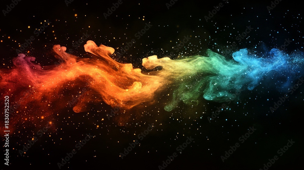 Naklejka premium An exploding rainbow nebula against a black sky with flying sparks illustrates cosmic energy and can serve as a dynamic atmospheric backdrop for scientific presentations.