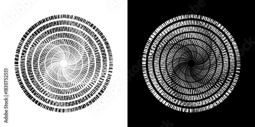 Dynamic abstract spiral sound wave rhythm lines. Circular spiral sound wave rhythm of lines. Circular futuristic abstract lines, black and white background.	
