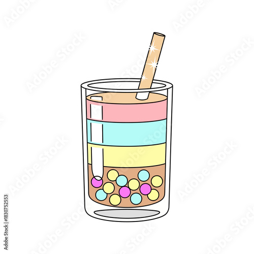 Colorful layered drink with tapioca pearls and a striped straw in a clear glass, a sweet beverage illustration