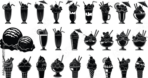 Collection of black and white silhouette icons of ice cream cones sundaes and milkshakes