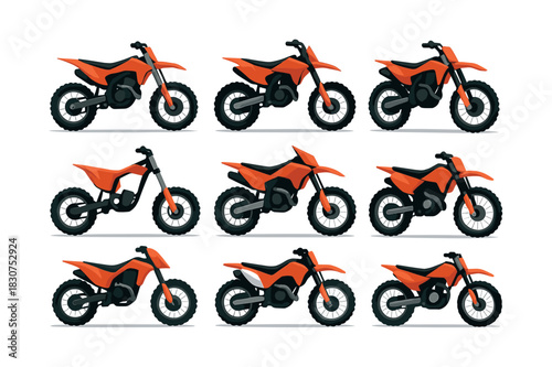 Off-road bike collection, motorcycles, dirt bikes, flat vector illustration