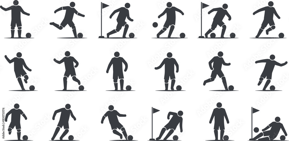 Naklejka premium Collection of dark grey soccer player silhouettes in various action poses on white background