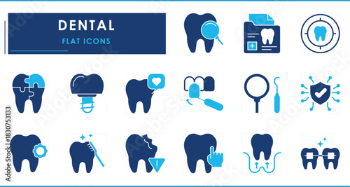 A set of flat icons related to Dental. Tooth, report, damaged, care, dentist, pluck, and so on.