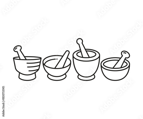 herb mortar and pestle icons set